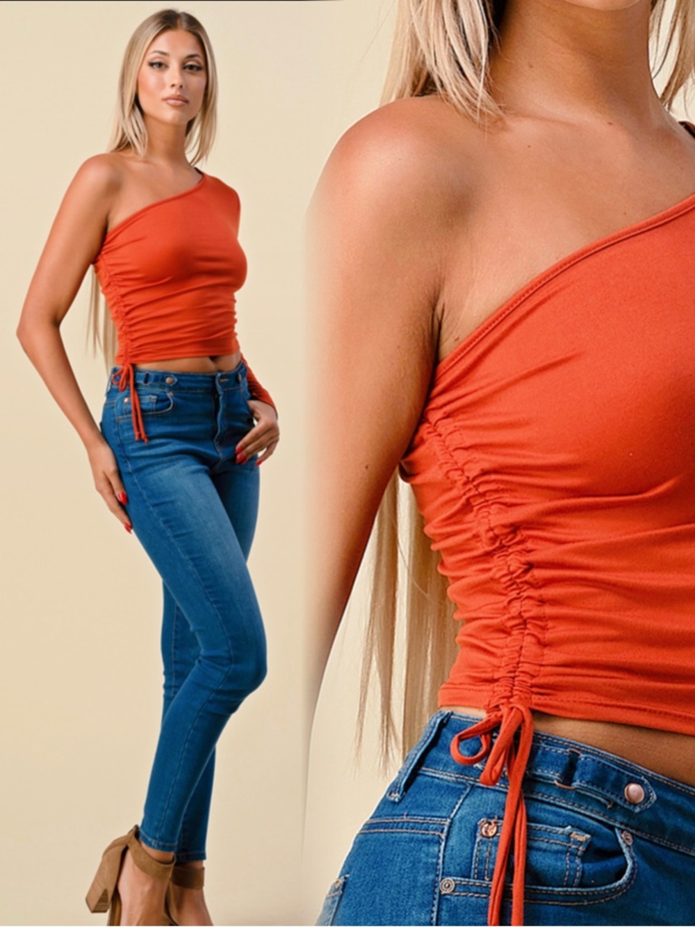 HEART & HIPS One-Shoulder Long-Sleeve Crop Top - Rust Orange - Picture 3 of 10